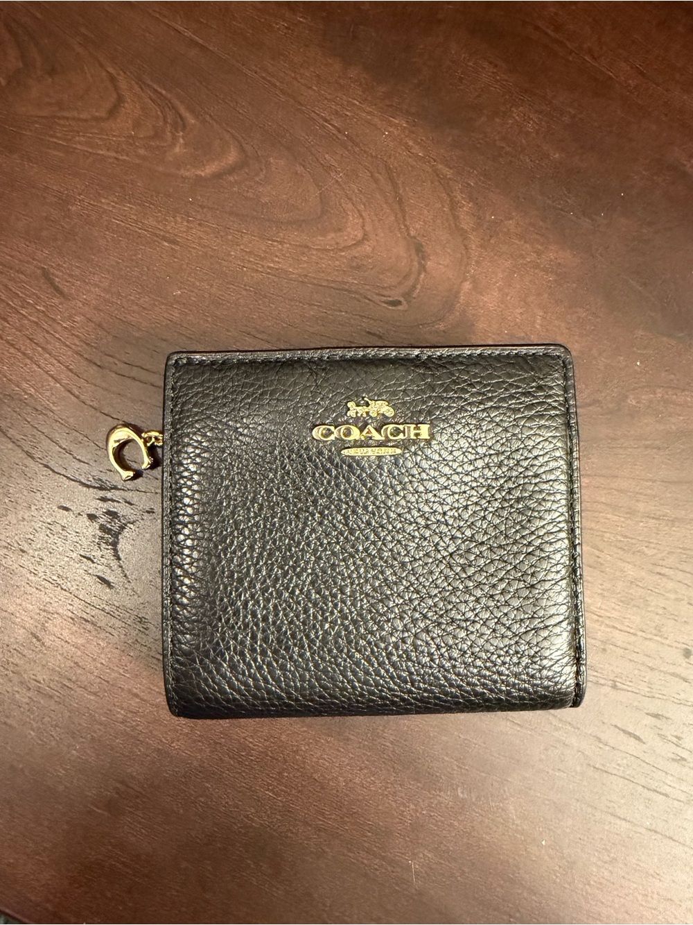 Coach Black Pebbled Leather Compact Zip Wallet with Gold Logo